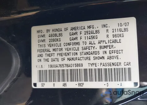 2008 Acura Tl Type S из США, поврежденный, VIN 19UUA76578A015869